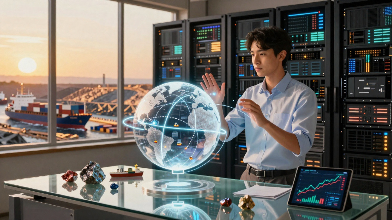 Homem a interagir com globo virtual holográfico numa sala de servidores com navios e porto ao fundo.