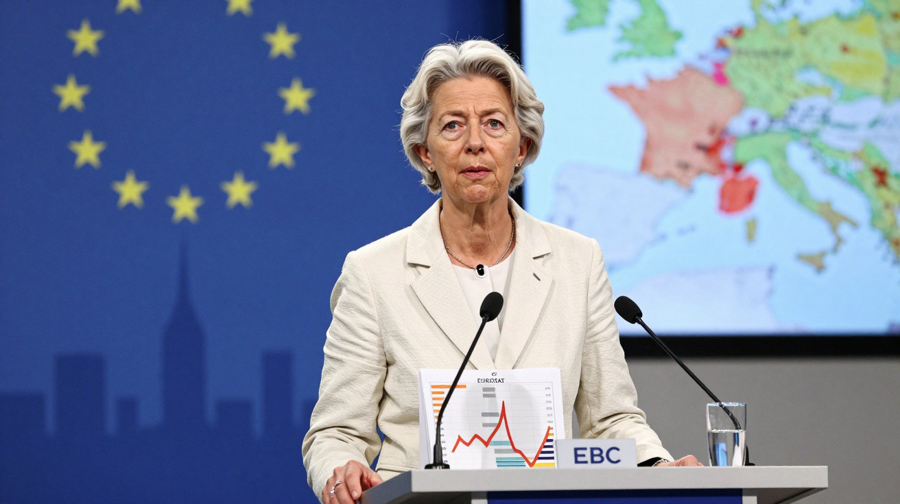 Mulher a falar num pódio com gráfico e mapa da Europa ao fundo, em contexto oficial da União Europeia.