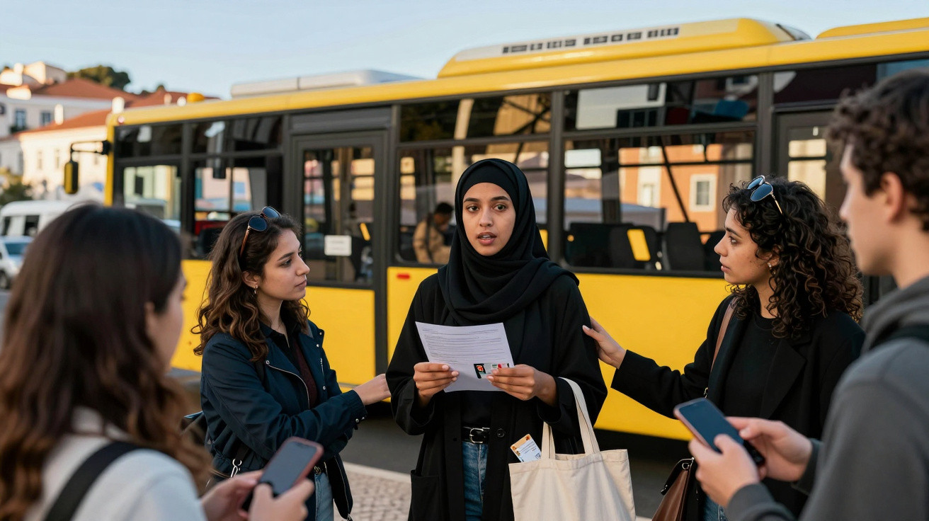 Grupo de jovens à conversa junto a um autocarro amarelo numa rua urbana ao entardecer.