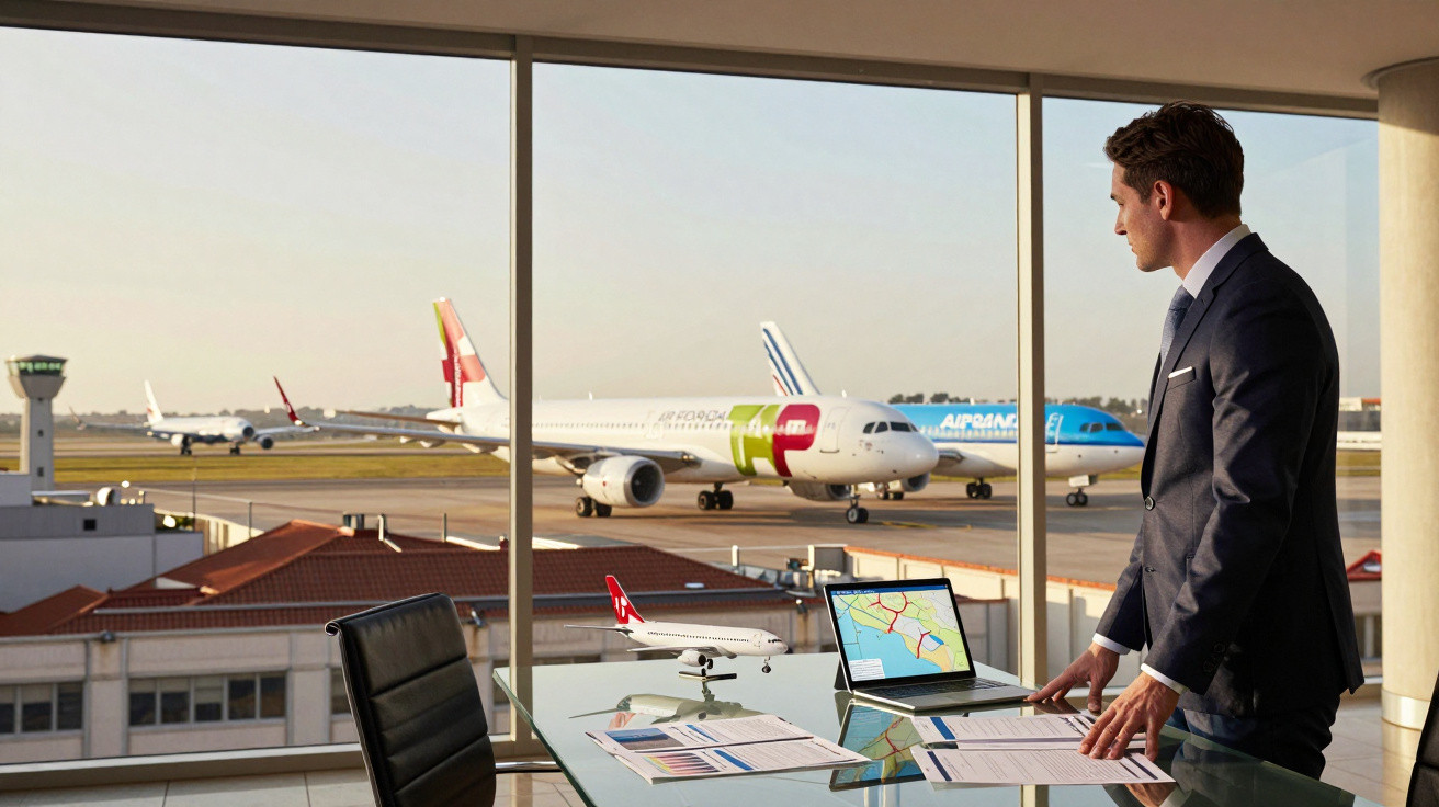 Homem de negócios em escritório com janela panorâmica, observando avião no aeroporto ao pôr do sol.