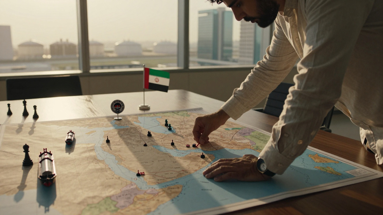 Homem organiza peças de jogo num grande mapa sobre uma mesa com vista para tanques de armazenamento.