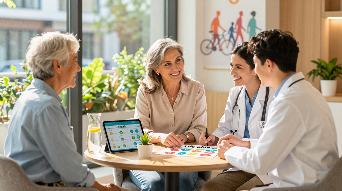 Duas médicas explicam plano de vida a duas mulheres numa consulta em ambiente iluminado e amigável.