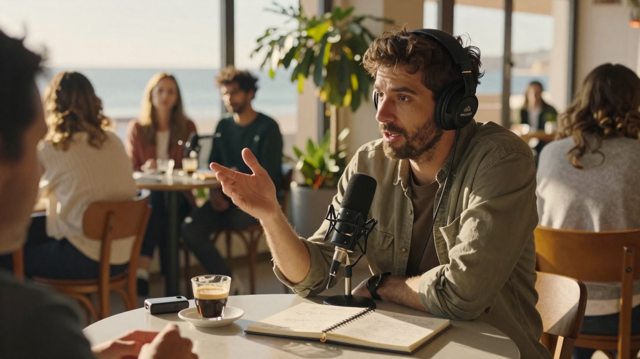 Homem com auscultadores a gravar podcast num café com caderno e café na mesa.