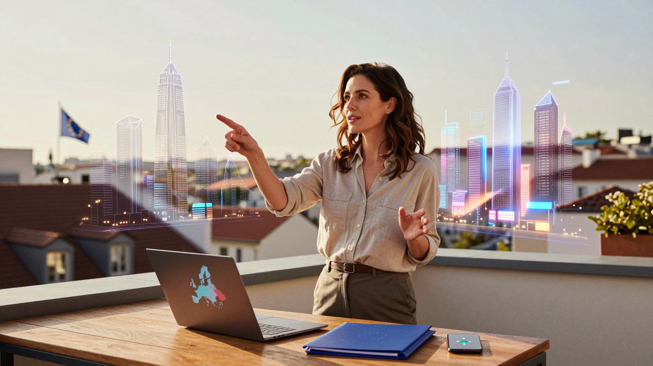 Mulher numa varanda a interagir com hologramas de edifícios futuristas, ao lado de computador portátil e telemóvel.
