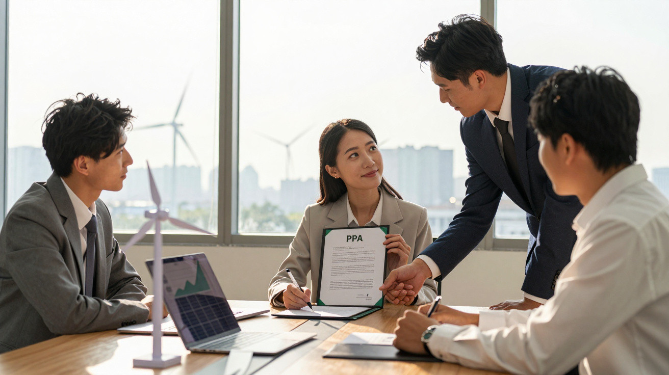 Grupo de jovens empresários em reunião com modelos de energia renovável e documento sobre energias sustentáveis.