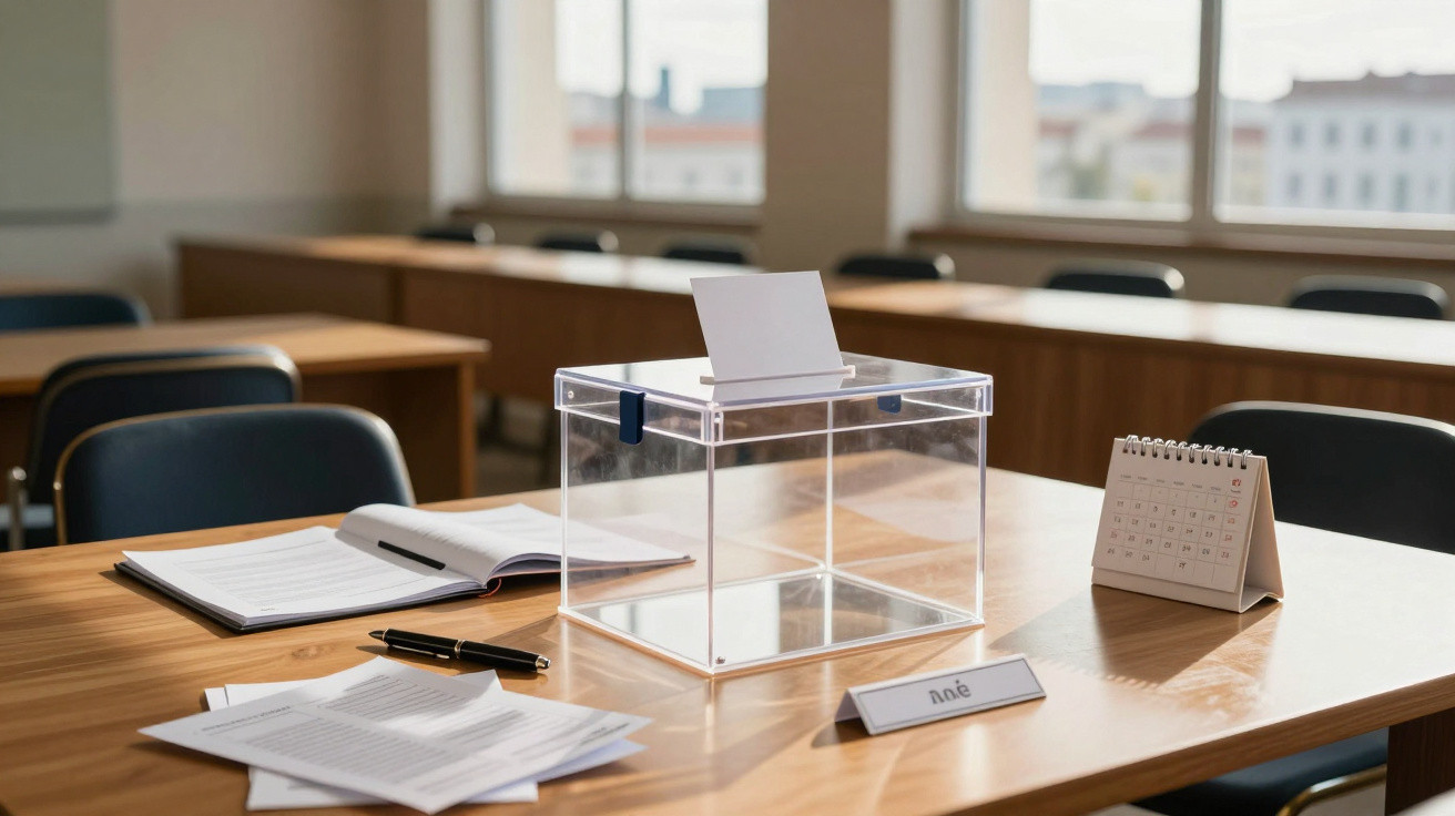 Caixa transparente de votação numa sala com mesas, cadeiras, documentos e calendário numa mesa de madeira.