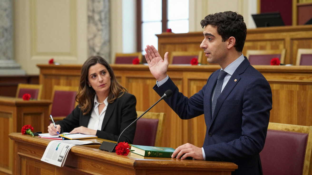 Homem de terno azul fala no púlpito de um parlamento enquanto mulher escreve, ambos com cravos vermelhos à frente.