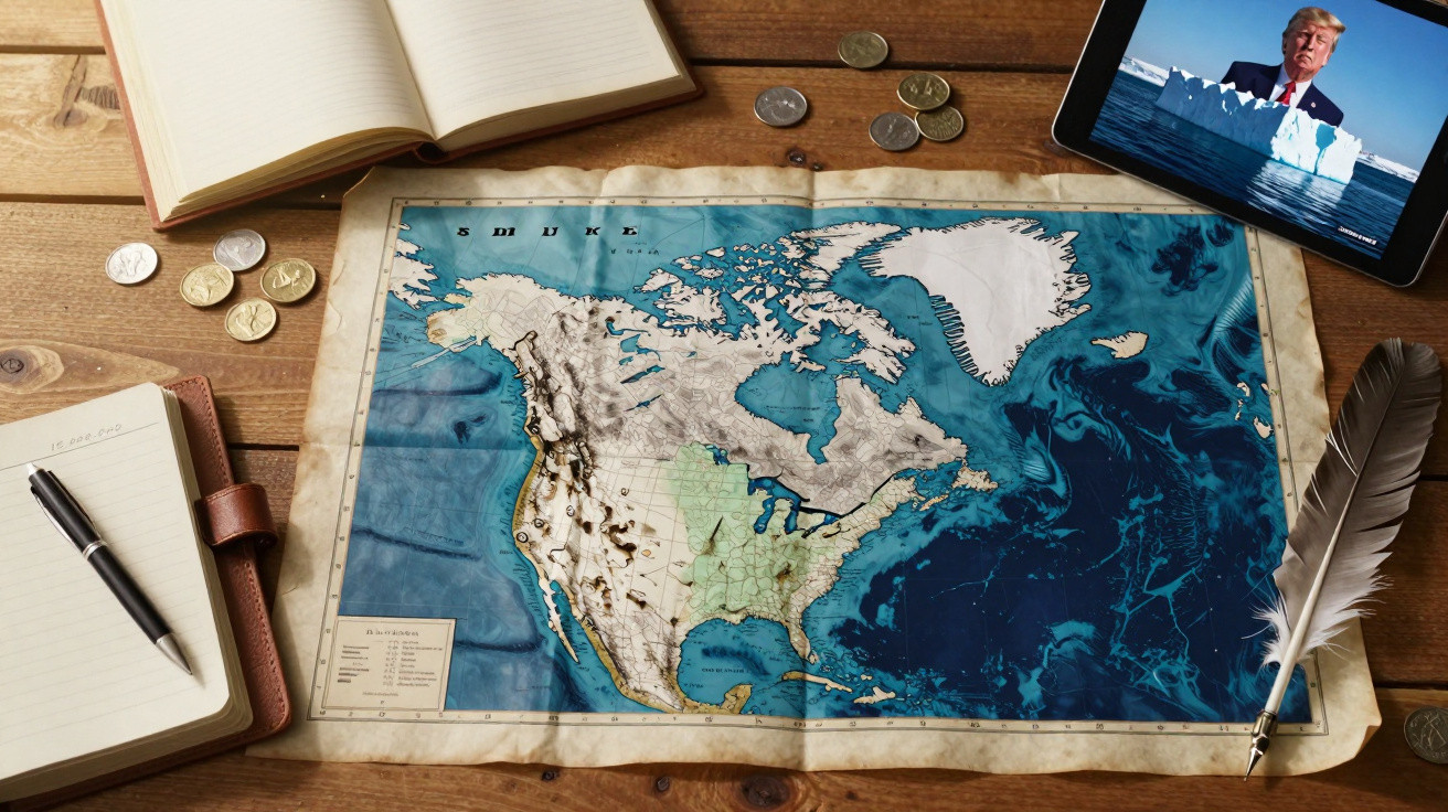 Mapa antigo da América do Norte numa mesa com caderno, penas, moedas e tablet com imagem de Donald Trump.