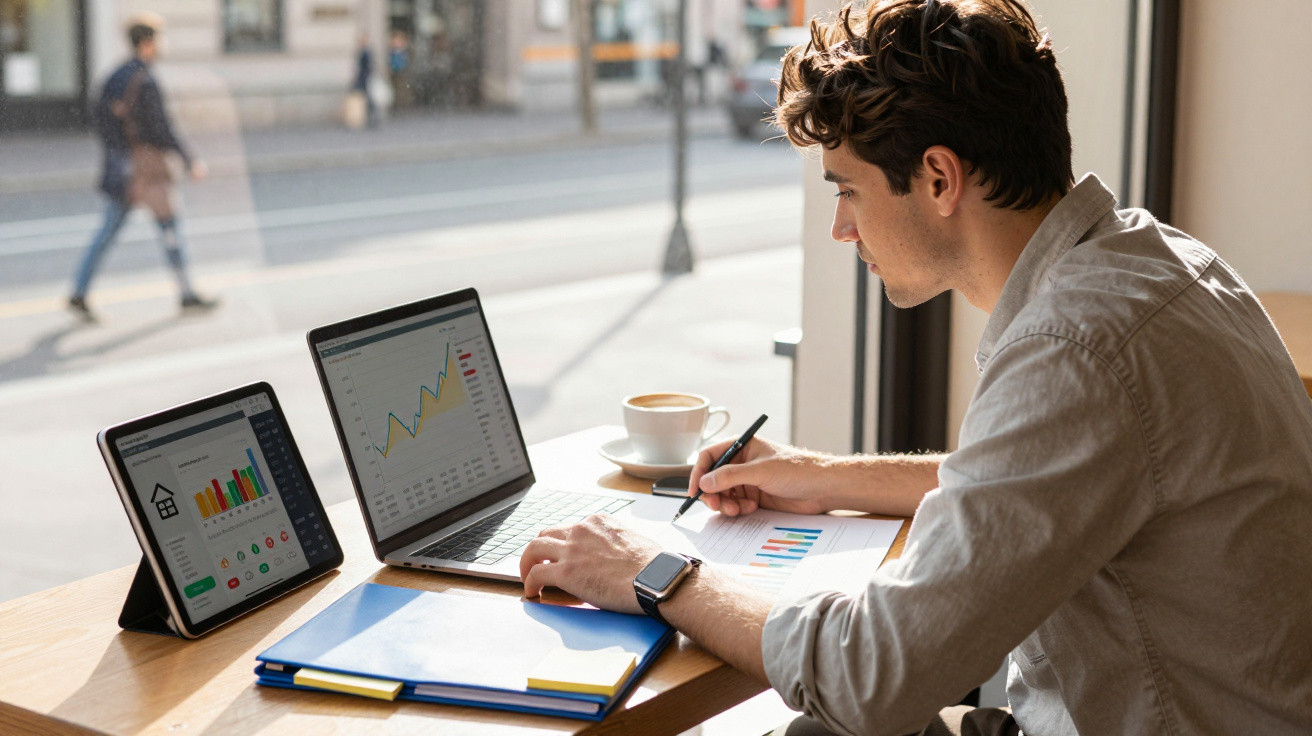 Homem a trabalhar em gráficos financeiros num portátil e tablet numa mesa perto da janela.