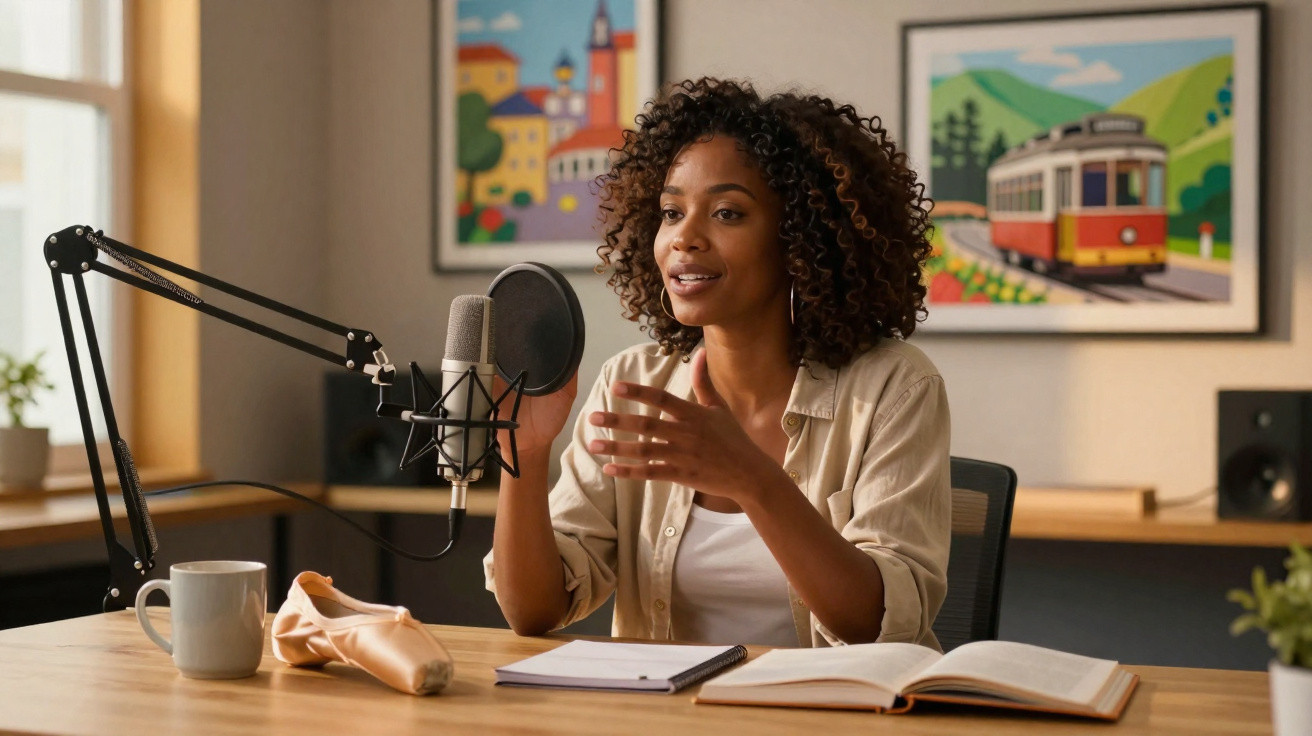 Mulher a gravar podcast em estúdio com microfone, caderno aberto e sapatilha de ballet na mesa.
