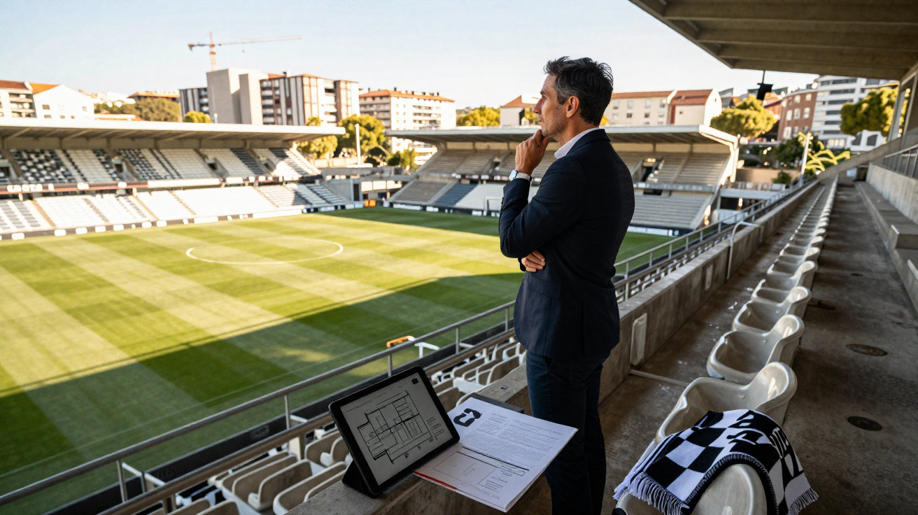 Homem de fato observa o campo de futebol vazio, com uma prancheta e um tablet com plantas na bancada ao lado.