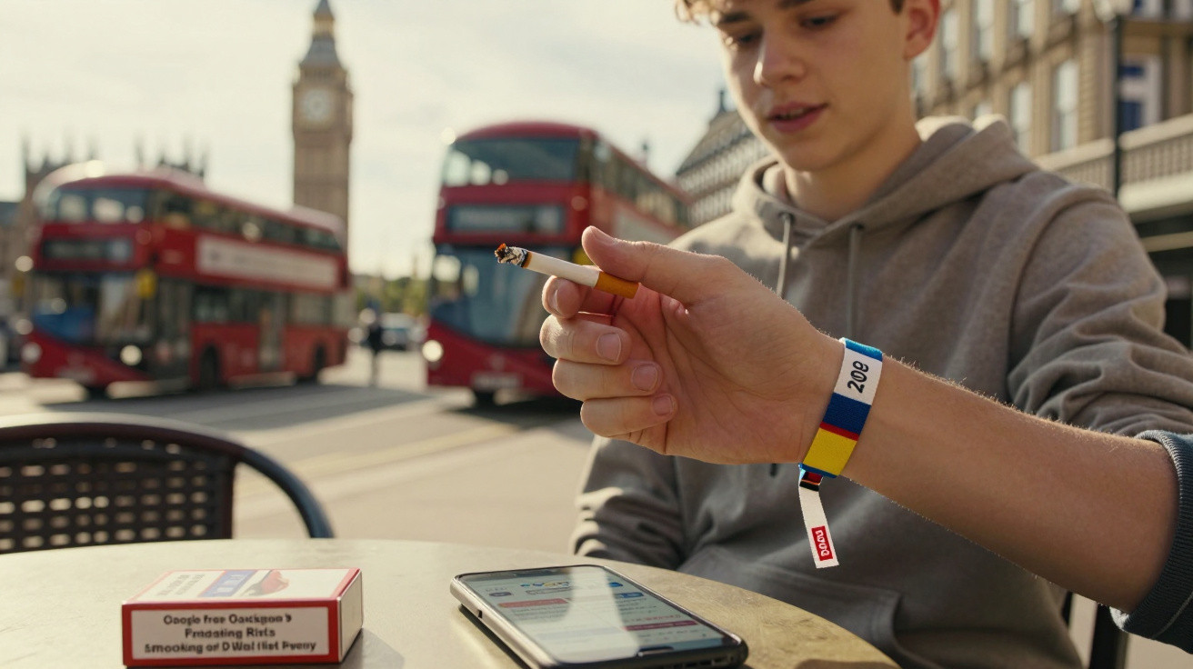 Jovem com capuz cinzento sentado numa esplanada em Londres, com dois autocarros vermelhos ao fundo.