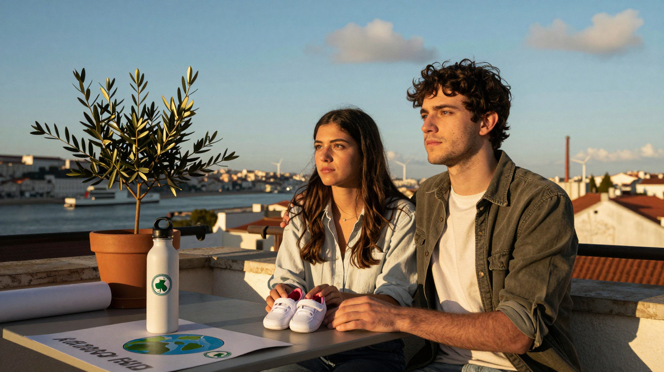 Jovem casal sentado numa varanda com vista para rio ao pôr do sol, segurando sapatinhos de bebé brancos.