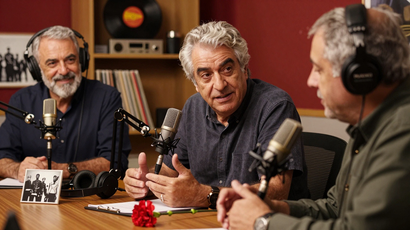 Três homens adultos com cabelos grisalhos a conversar e gravar num estúdio de rádio com microfones e auscultadores.