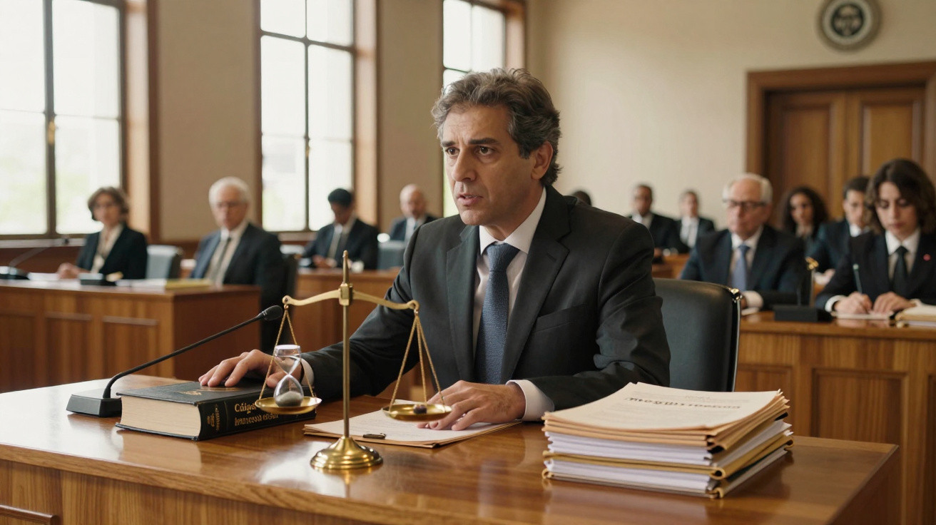 Advogado de terno apresenta caso em tribunal, com balança da justiça e documentos na mesa.