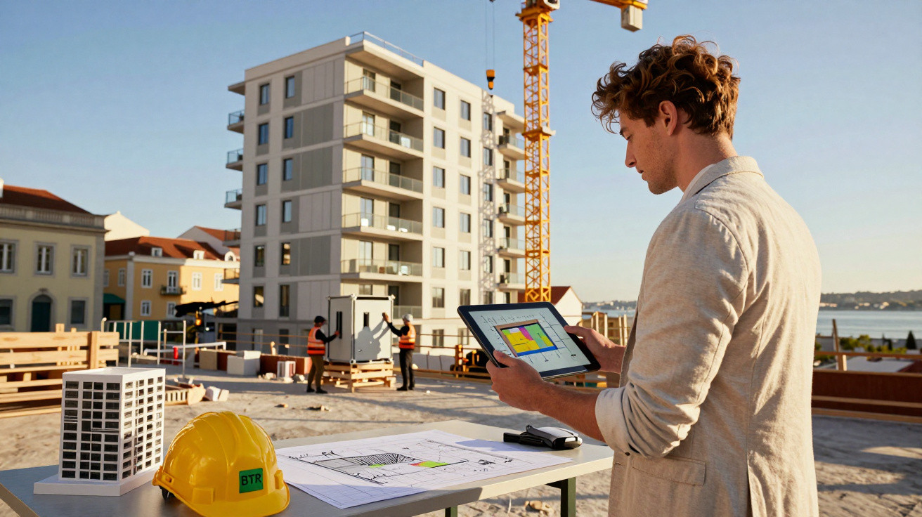 Engenheiro a analisar planta digital numa obra com edifícios, capacete e maquete na mesa.