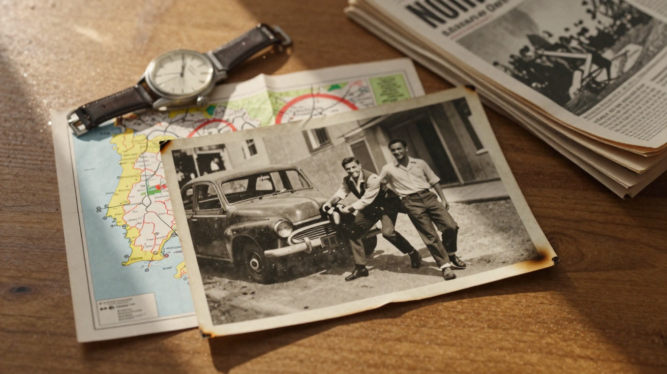 Fotografia antiga a preto e branco com dois homens junto a um carro, relógio, mapa e jornais sobre mesa de madeira.