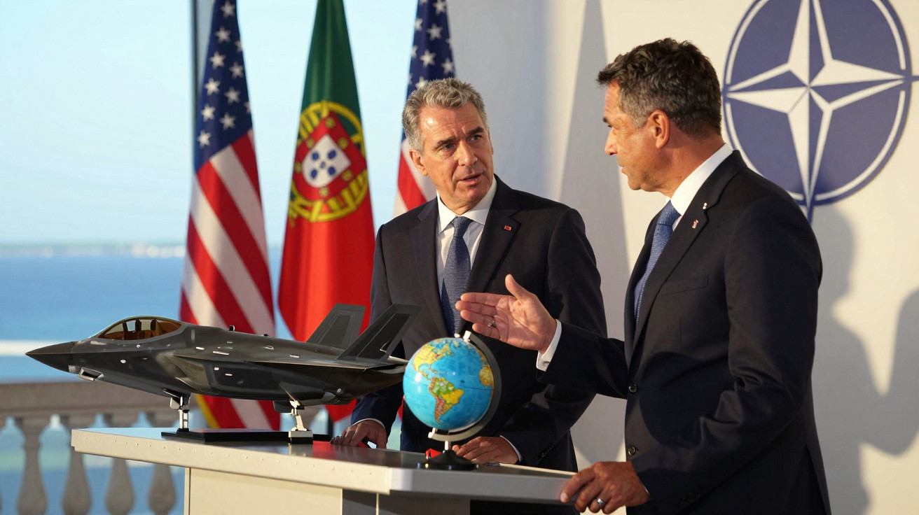 Dois homens em fatos conversam junto a uma mesa com miniatura de avião militar, globo e bandeiras dos EUA, Portugal e NATO.