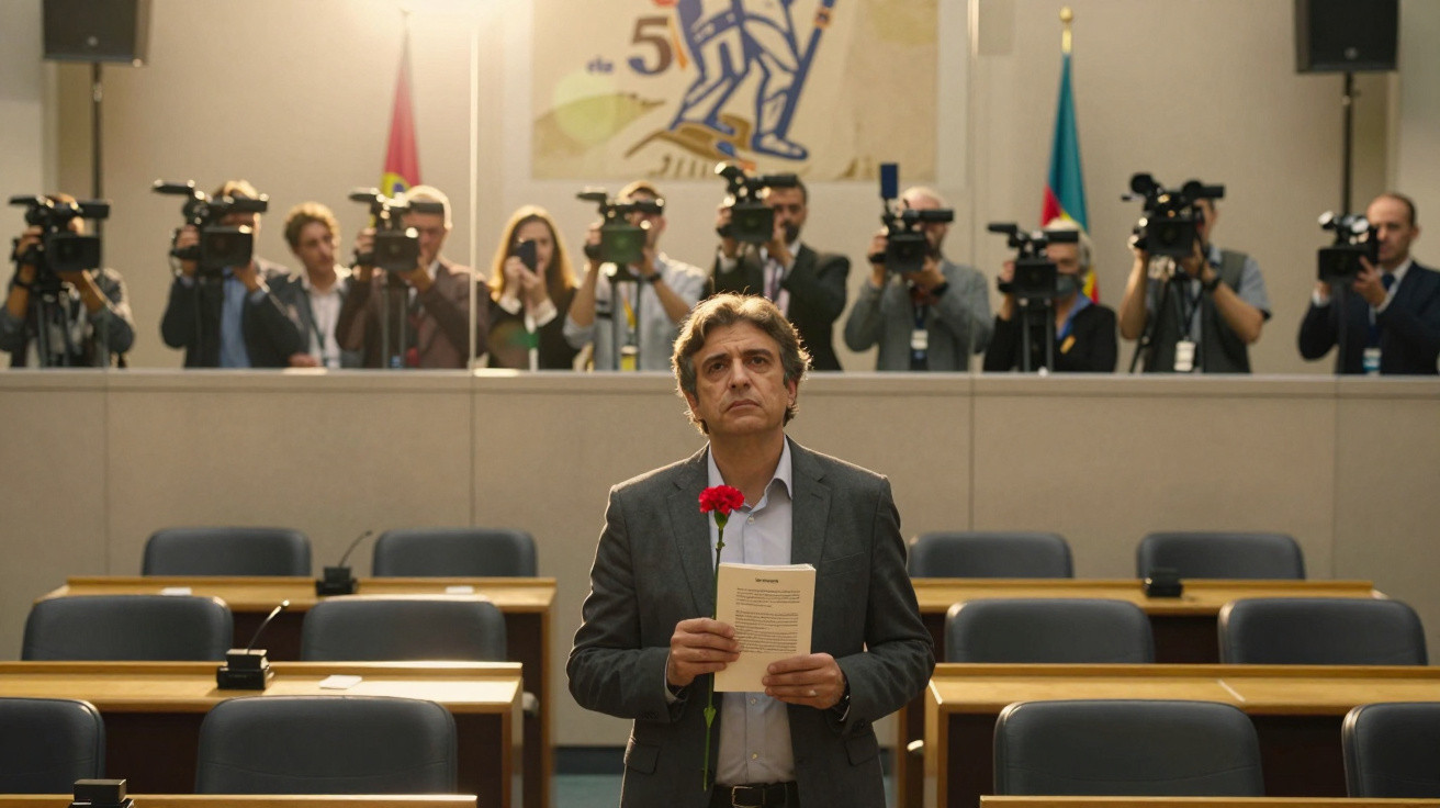 Homem de fato segurando cravo e documento numa sala oficial, com fotógrafos ao fundo.