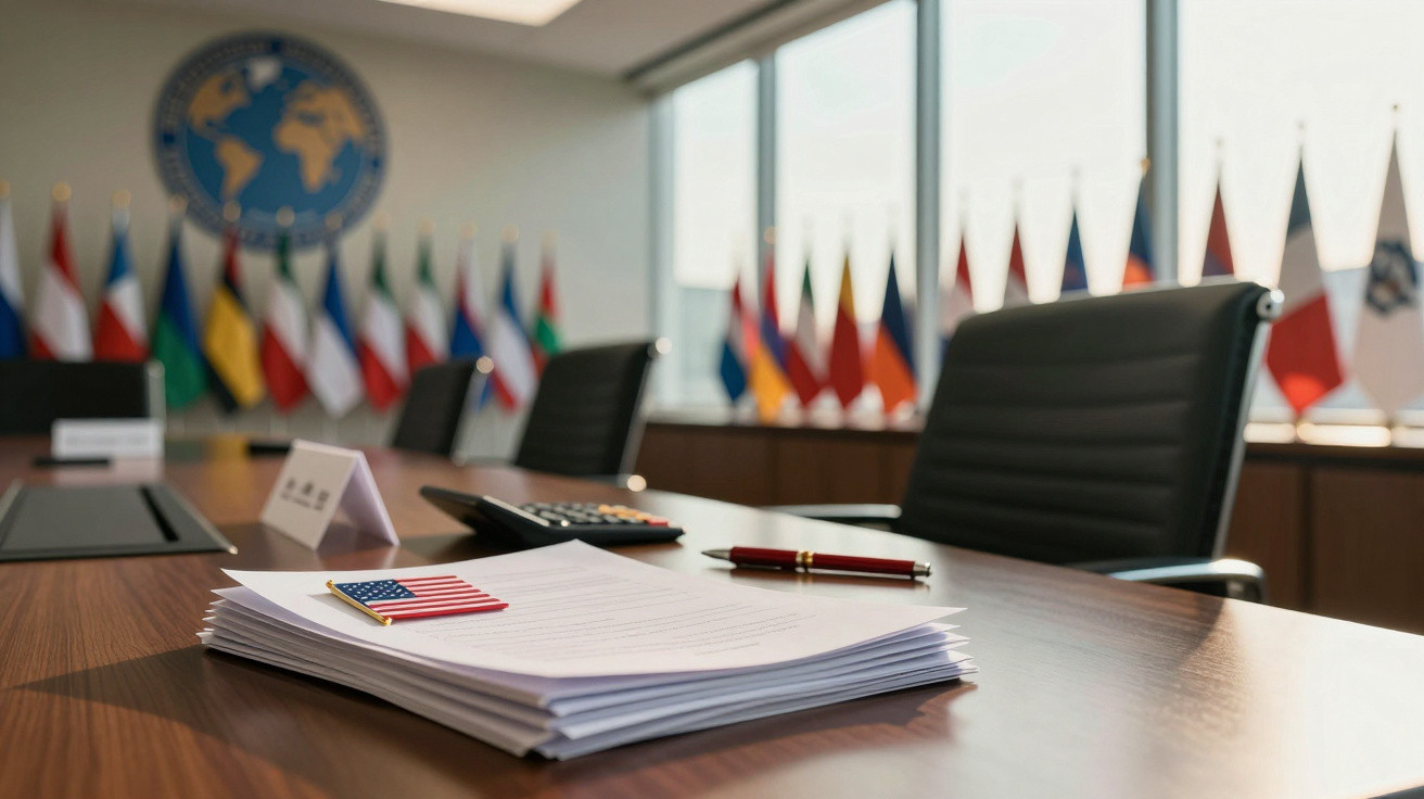 Sala de reuniões com bandeiras internacionais, documentos sobre a mesa e cadeiras pretas confortáveis.