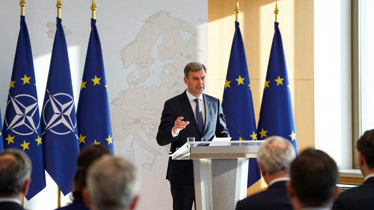 Político a discursar em púlpito com bandeiras da NATO e da União Europeia ao fundo.