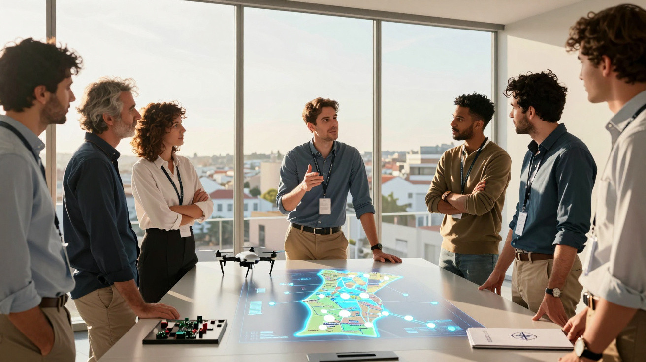 Grupo de profissionais a discutir projeto com mapa digital e drone numa sala com janelas panorâmicas.