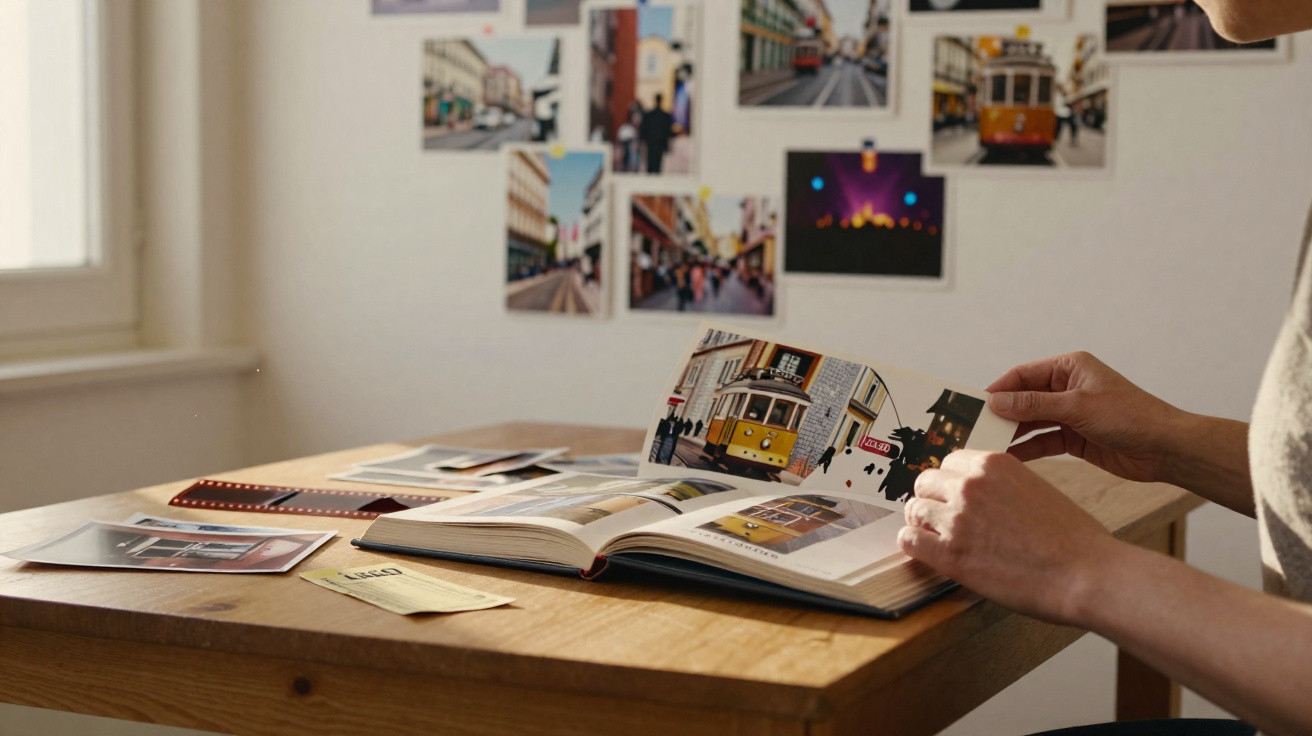 Pessoa a folhear livro de fotografias numa mesa com fotos e postais espalhados, parede com fotos ao fundo.