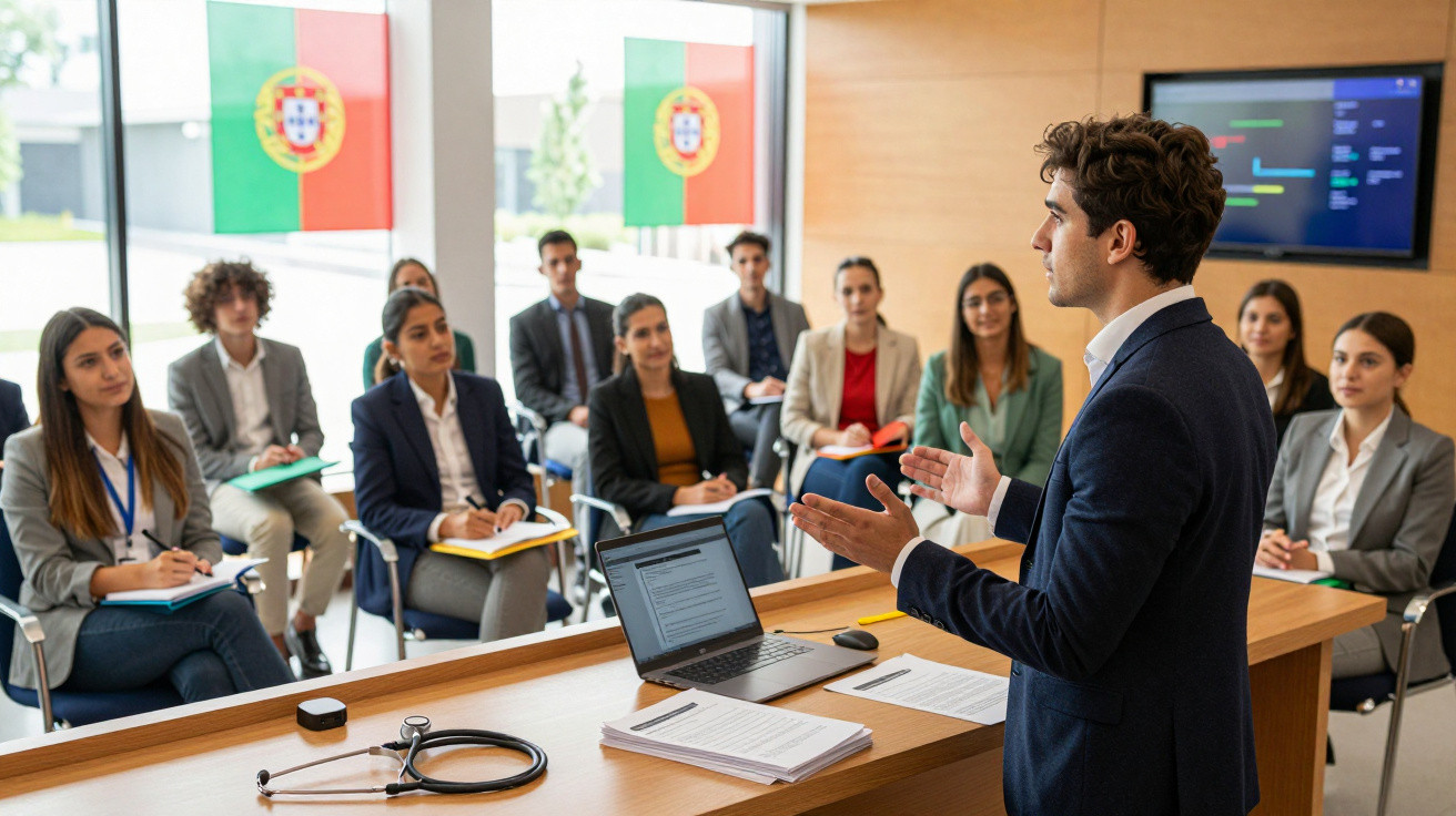 Homem a dar apresentação a grupo de jovens profissionais numa sala com bandeiras de Portugal.