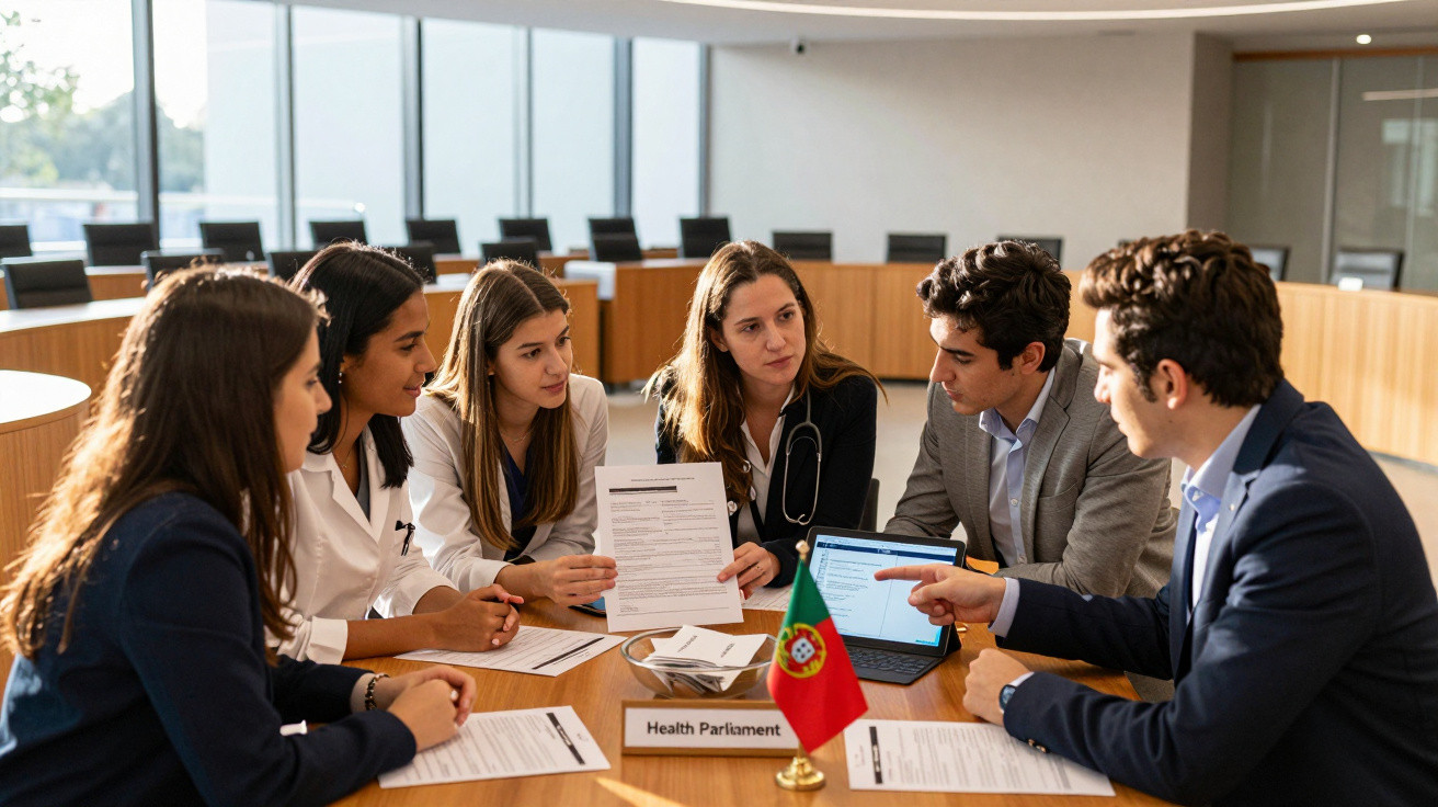 Grupo de seis profissionais em reunião sobre saúde, com bandeira de Portugal numa mesa redonda.