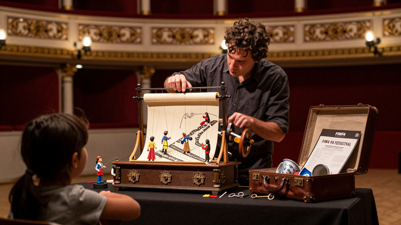 Homem manipula teatro de marionetas em palco antigo enquanto criança observa fascinado.