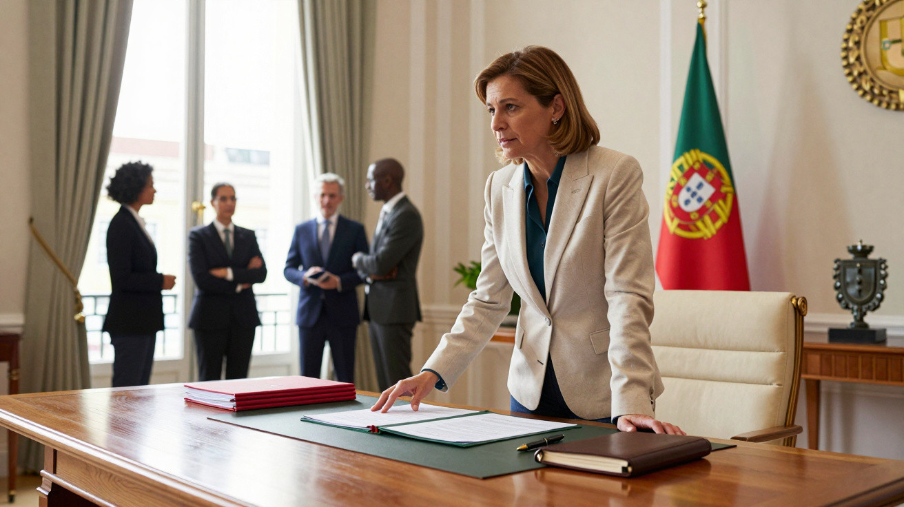 Mulher de negócios apoiada numa secretária grande olhando documentos, grupo a conversar ao fundo, bandeira de Portugal.