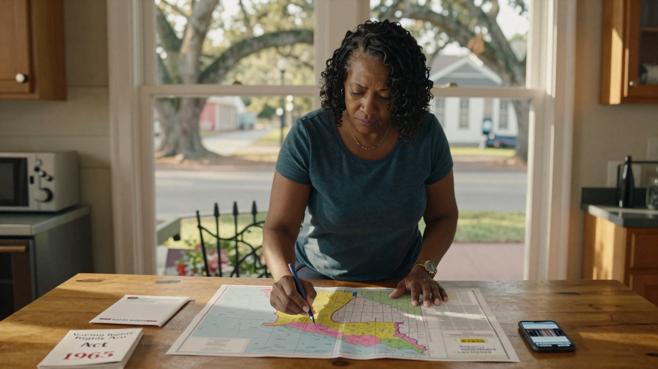 Mulher numa cozinha escreve num mapa estendido sobre uma mesa de madeira junto a livros e telemóvel.