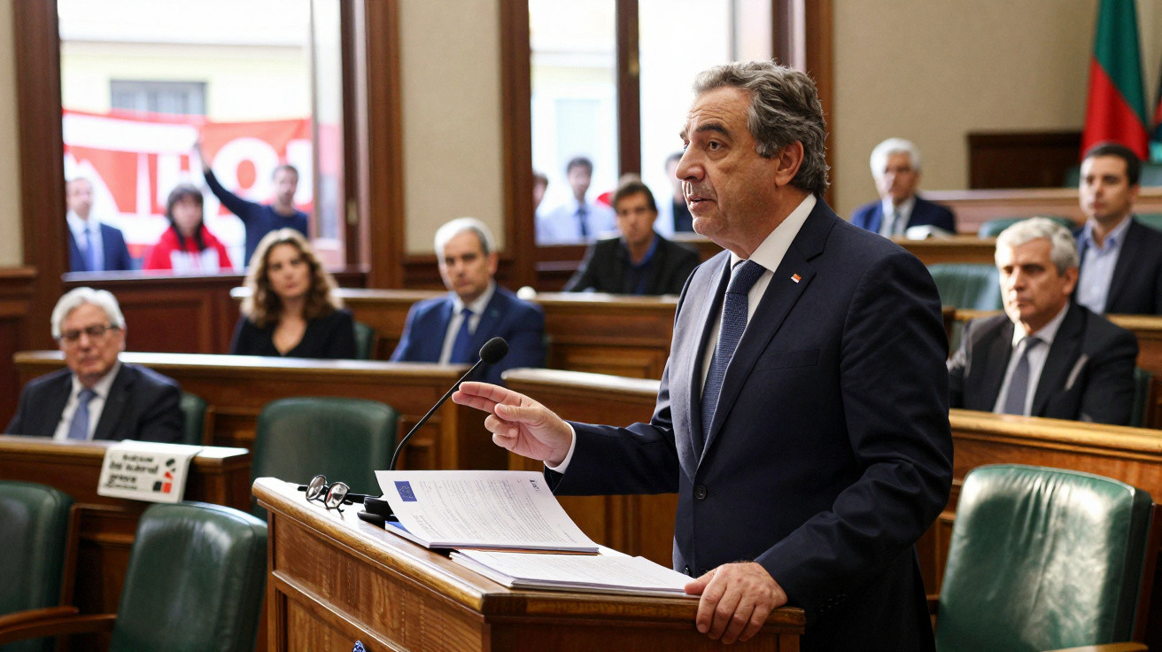 Homem em fato discursando num parlamento com pessoas a ouvi-lo e bandeira portuguesa ao fundo.