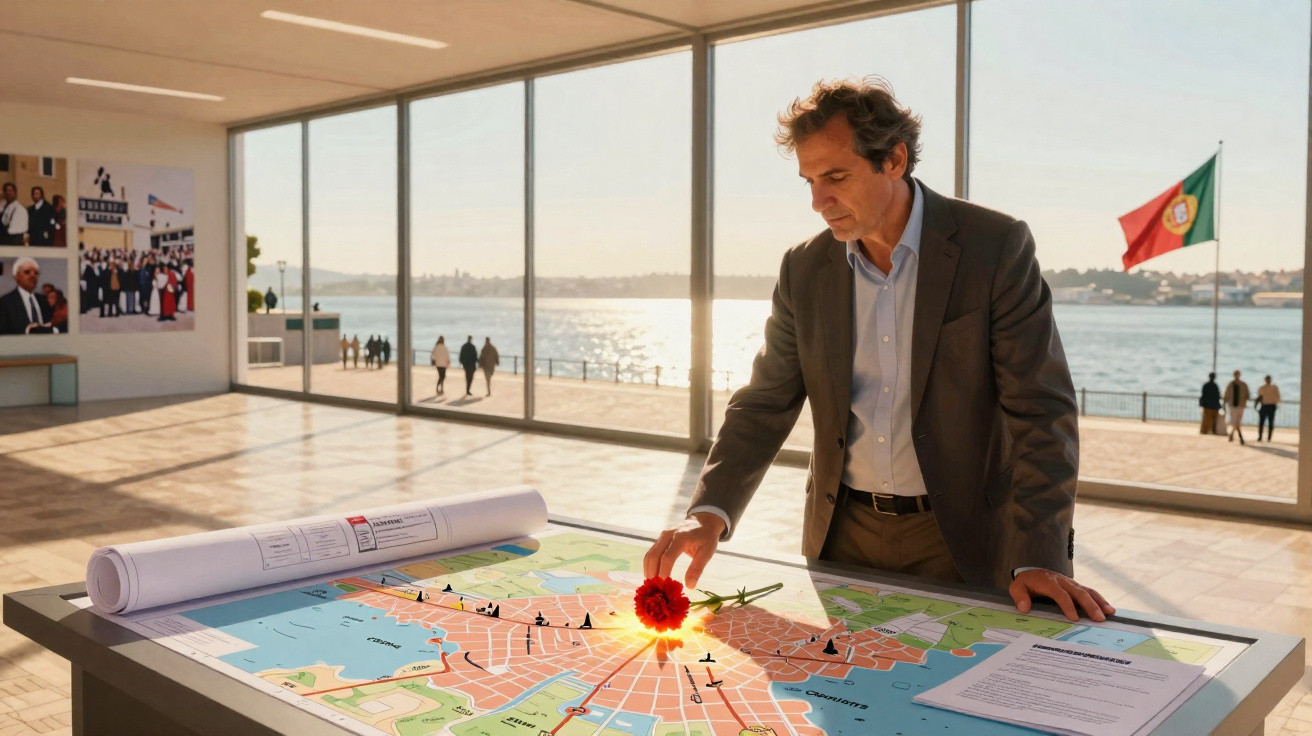 Homem de fato deixa flor vermelha sobre mapa de cidade num espaço amplo com vista para o rio e bandeira de Portugal.