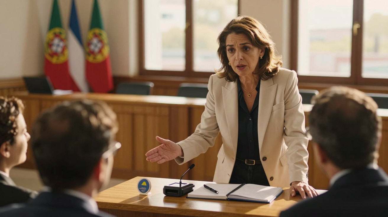 Mulher gesticulando e falando com três pessoas num tribunal com bandeiras portuguesas ao fundo.