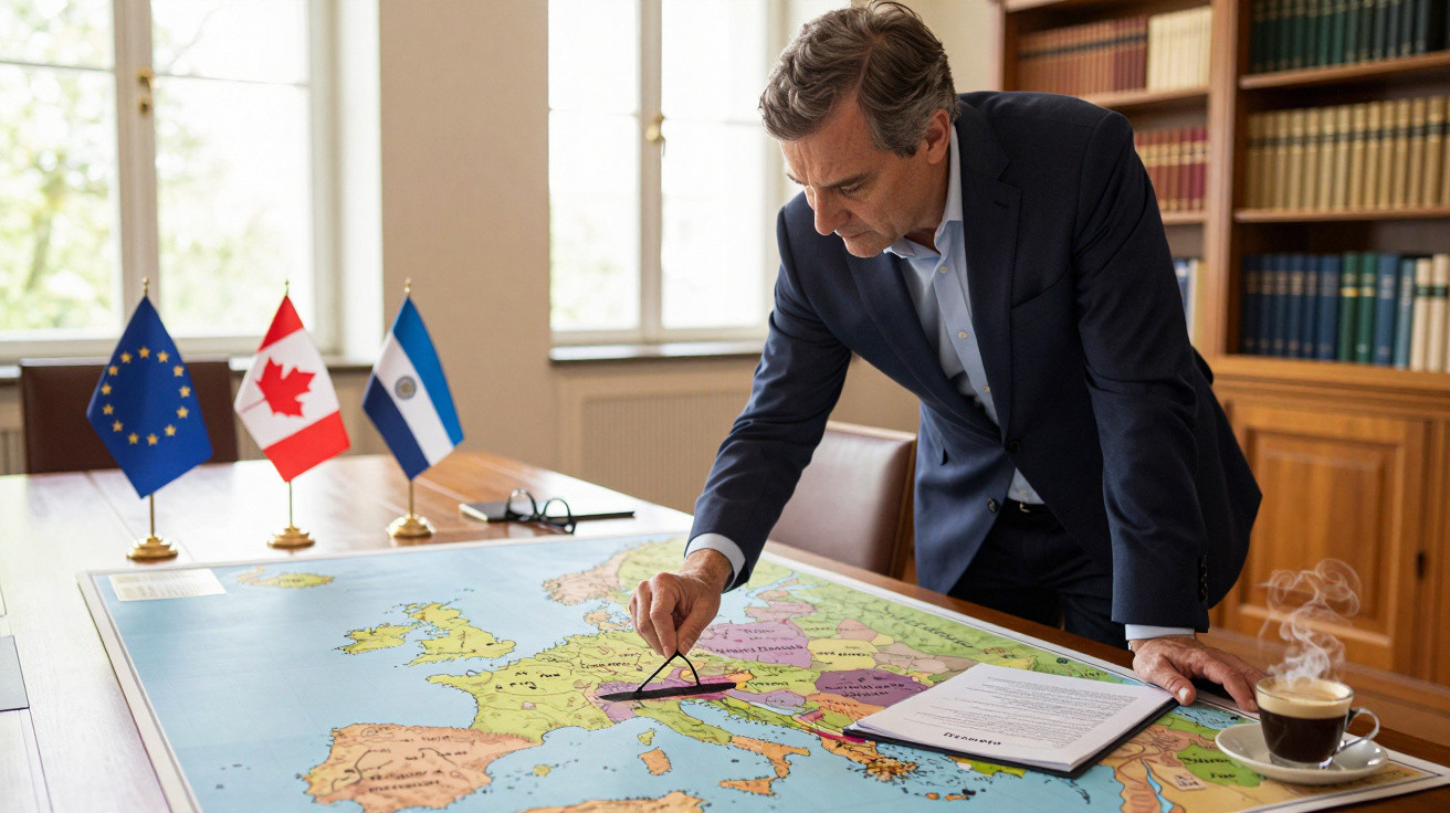 Homem de fato azul aponta para mapa da Europa numa mesa com bandeiras da UE, Canadá e Argentina.