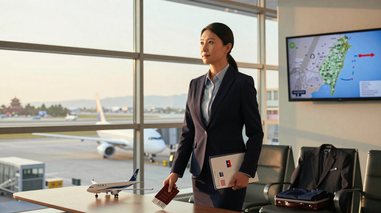Mulher em fato profissional, com passaporte e bilhete, em sala de reuniões com aeroporto ao fundo.