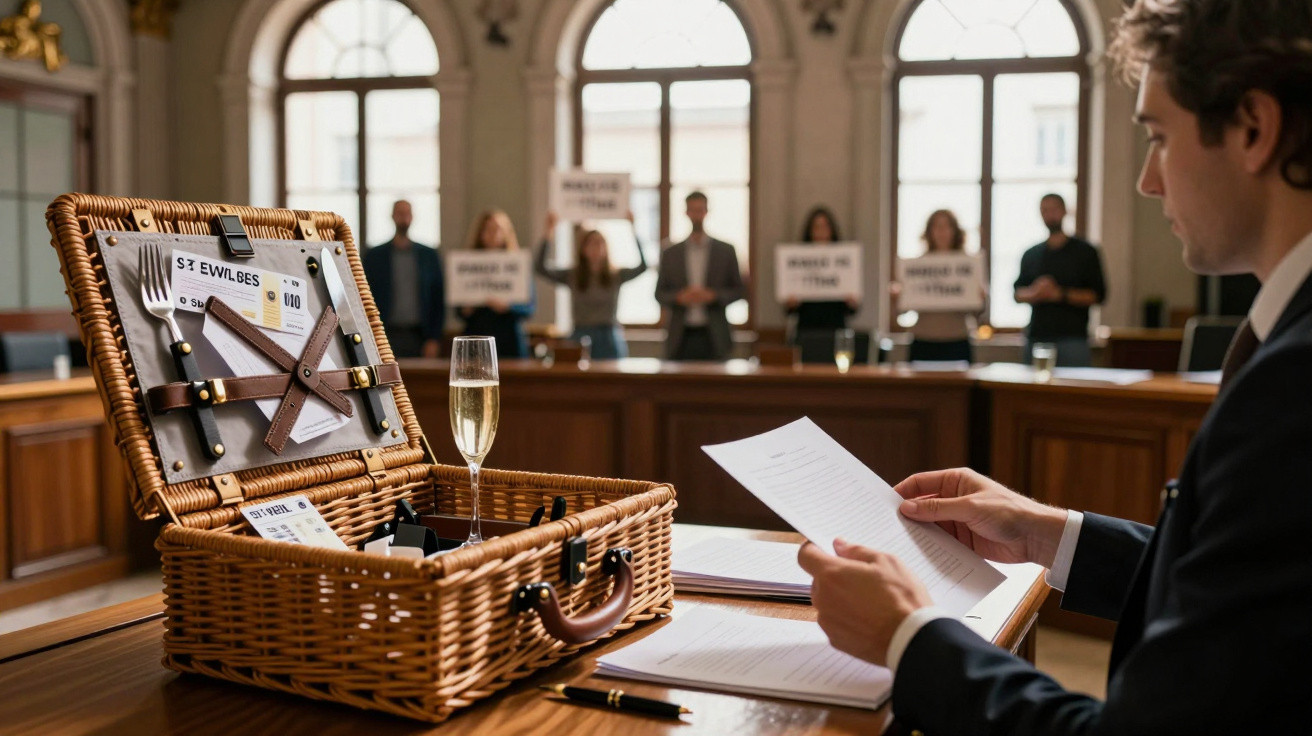 Homem vestido formalmente lê documentos em sala com maleta de piquenique e grupo de pessoas ao fundo.