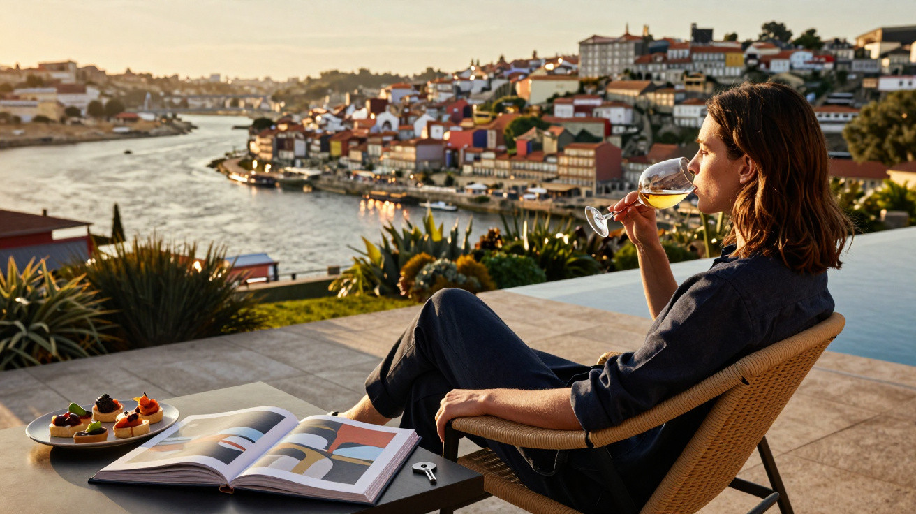 Mulher sentada numa cadeira a beber vinho com vista para o rio e casas coloridas ao pôr do sol.