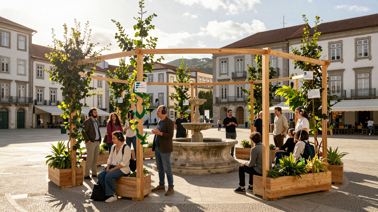 Pessoas em zona urbana sentadas e em pé junto a estrutura de madeira com plantas numa praça com fonte no centro.