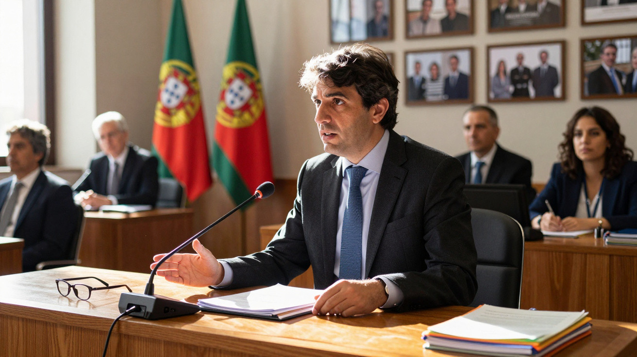 Homem de fato a falar numa reunião formal com bandeiras de Portugal e pessoas ao fundo.