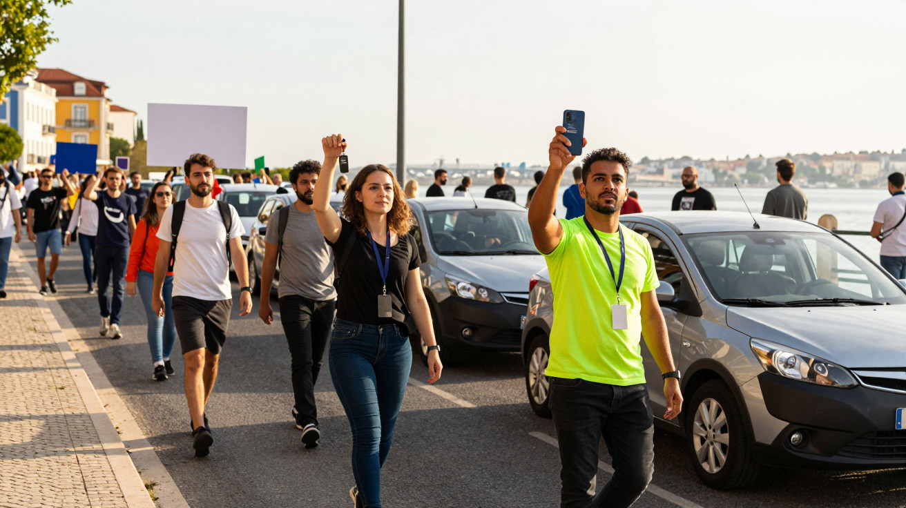 Grupo de pessoas a fazer manifestação pacífica numa rua junto a um rio com carros parados.