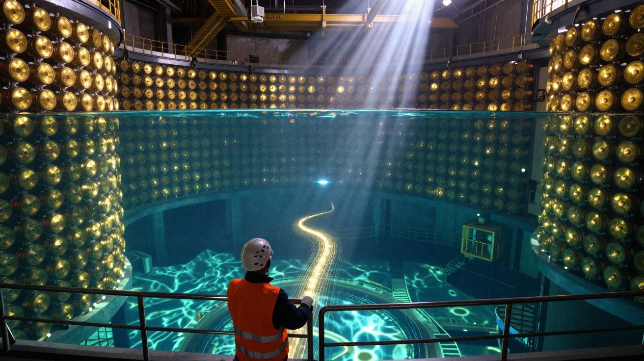Homem com capacete e colete reflete numa piscina de grande laboratório com painéis dourados circulares brilhantes.