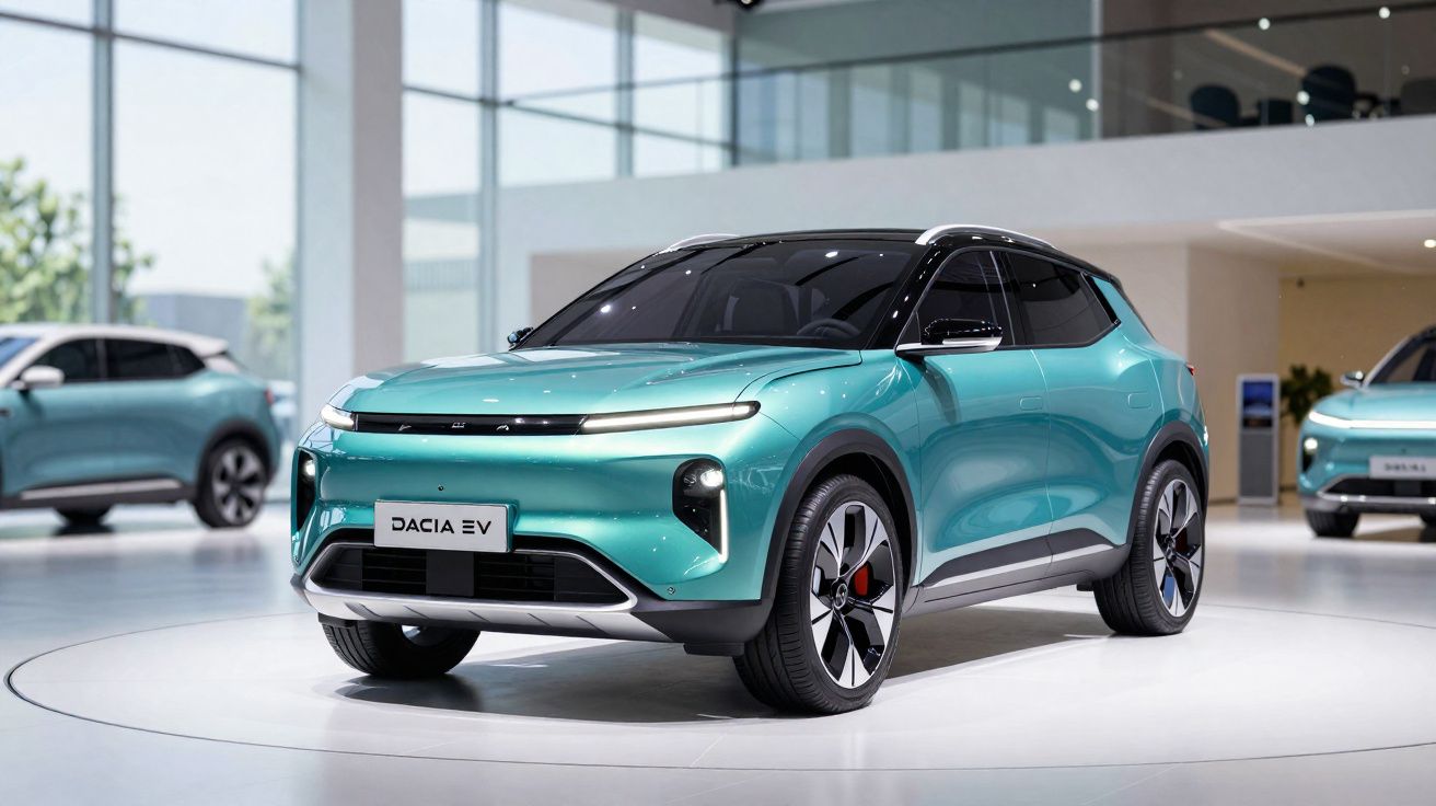Carro elétrico azul turquesa Dacia EV exposto em stand moderno, com vidros escuros e design compacto.