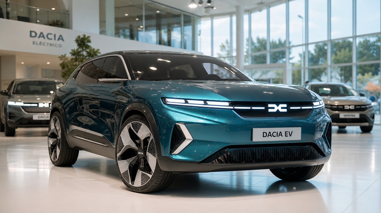 Carro elétrico Dacia EV azul apresentado em showroom moderno com janelas amplas e outros veículos ao fundo.