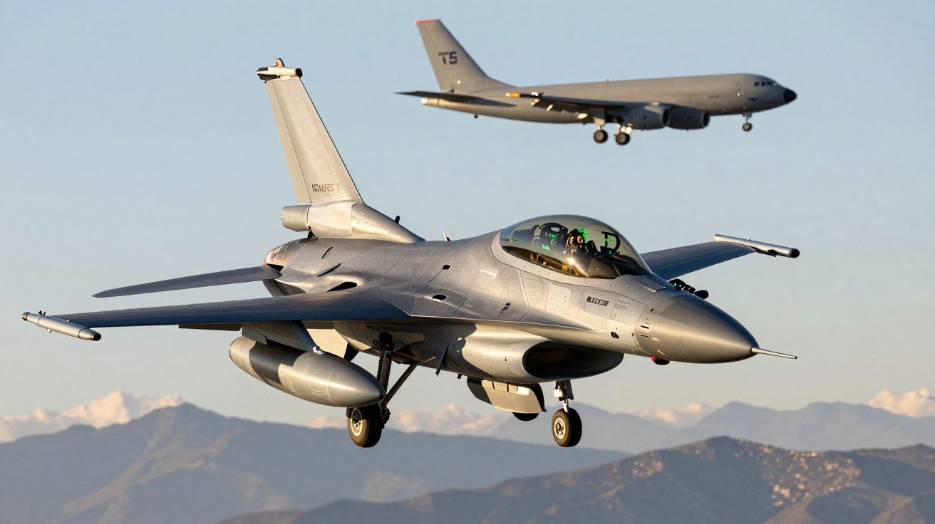 Caça F-16 em voo baixo com avião militar de transporte ao fundo sobre montanhas ao pôr do sol.