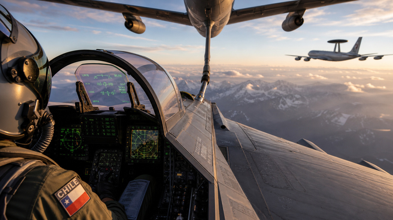 Vista do interior de um caça chileno durante reabastecimento em voo com montanhas e outro avião ao fundo.