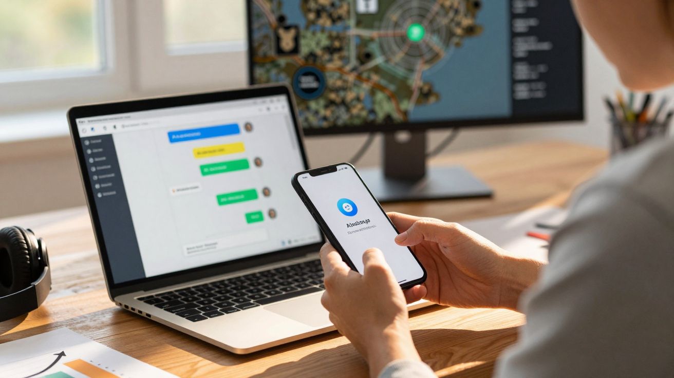 Pessoa usa telemóvel com aplicação de backup aberta, com computador portátil e monitor sobre mesa de madeira.