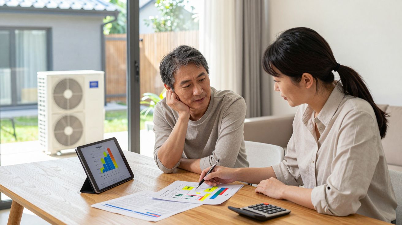 Casal asiático a analisar gráficos financeiros numa mesa com calculadora e tablet numa sala iluminada.