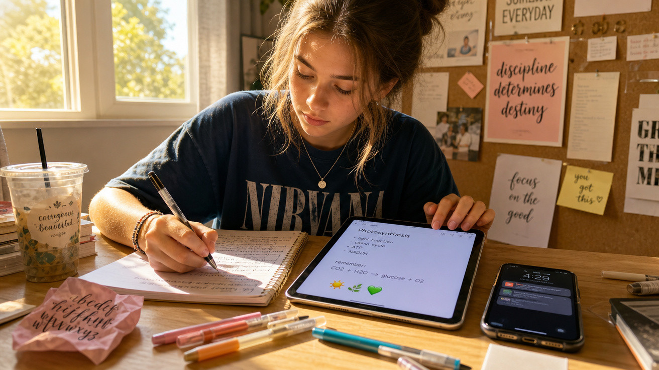 Jovem a estudar numa mesa com caderno, tablet, telemóvel, canetas coloridas e bebida ao sol.